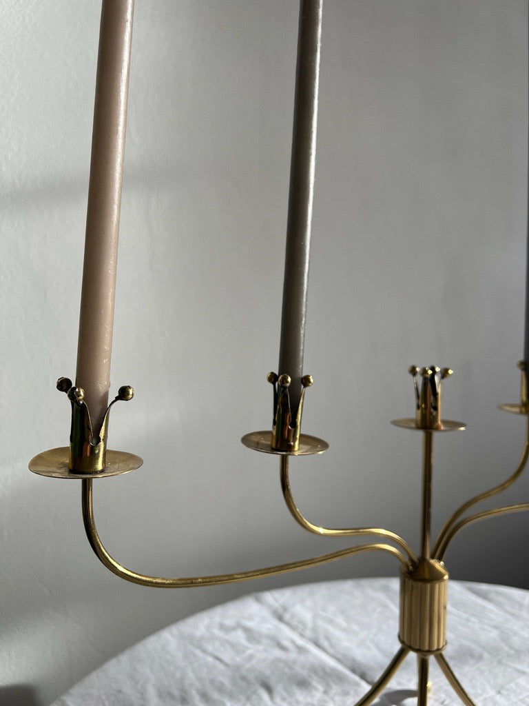 Swedish brass five arm candelabra on ball feet