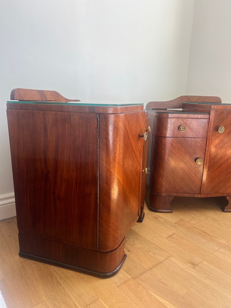 A stunning pair of curved art deco walnut bedside tables