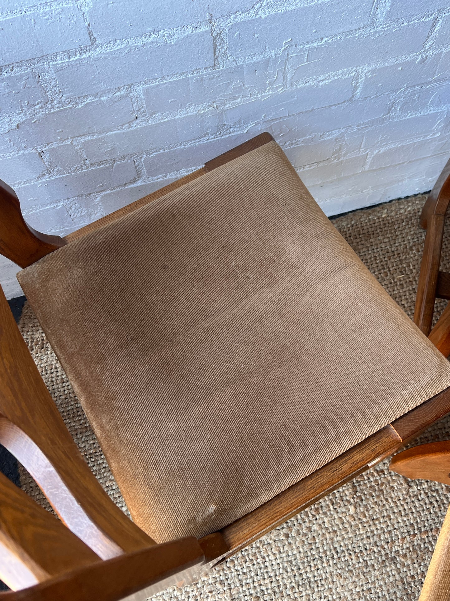 SET OF SIZE OAK & BROWN VELVET DINING CHAIRS