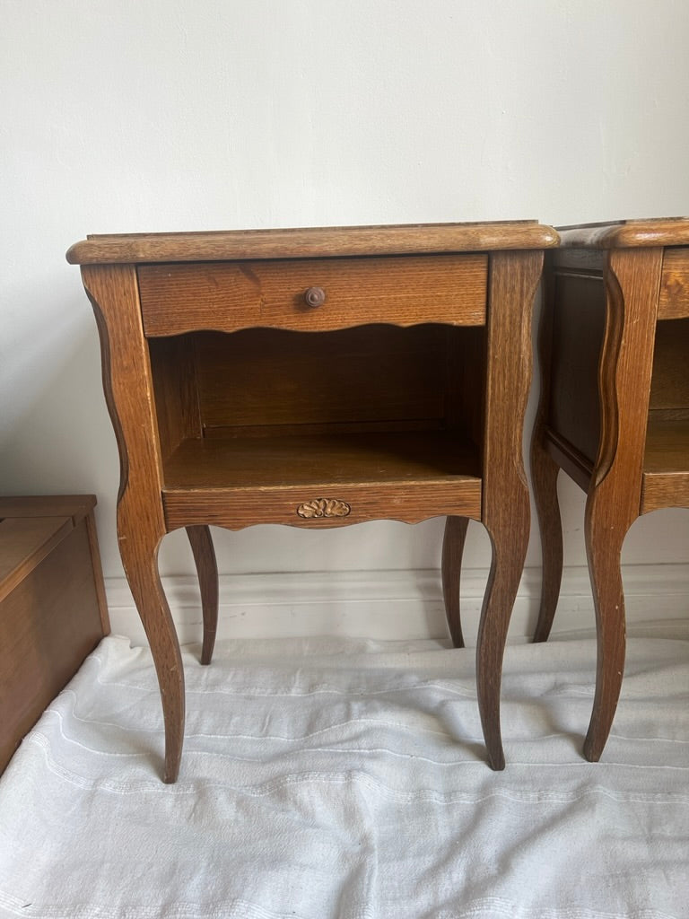 Pair of French matching oak bedside tables with drawers