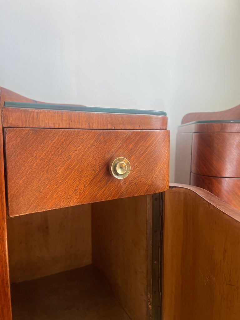 A stunning pair of curved art deco walnut bedside tables