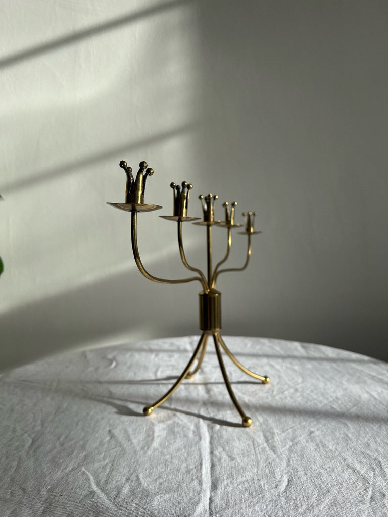 Swedish brass five arm candelabra on ball feet