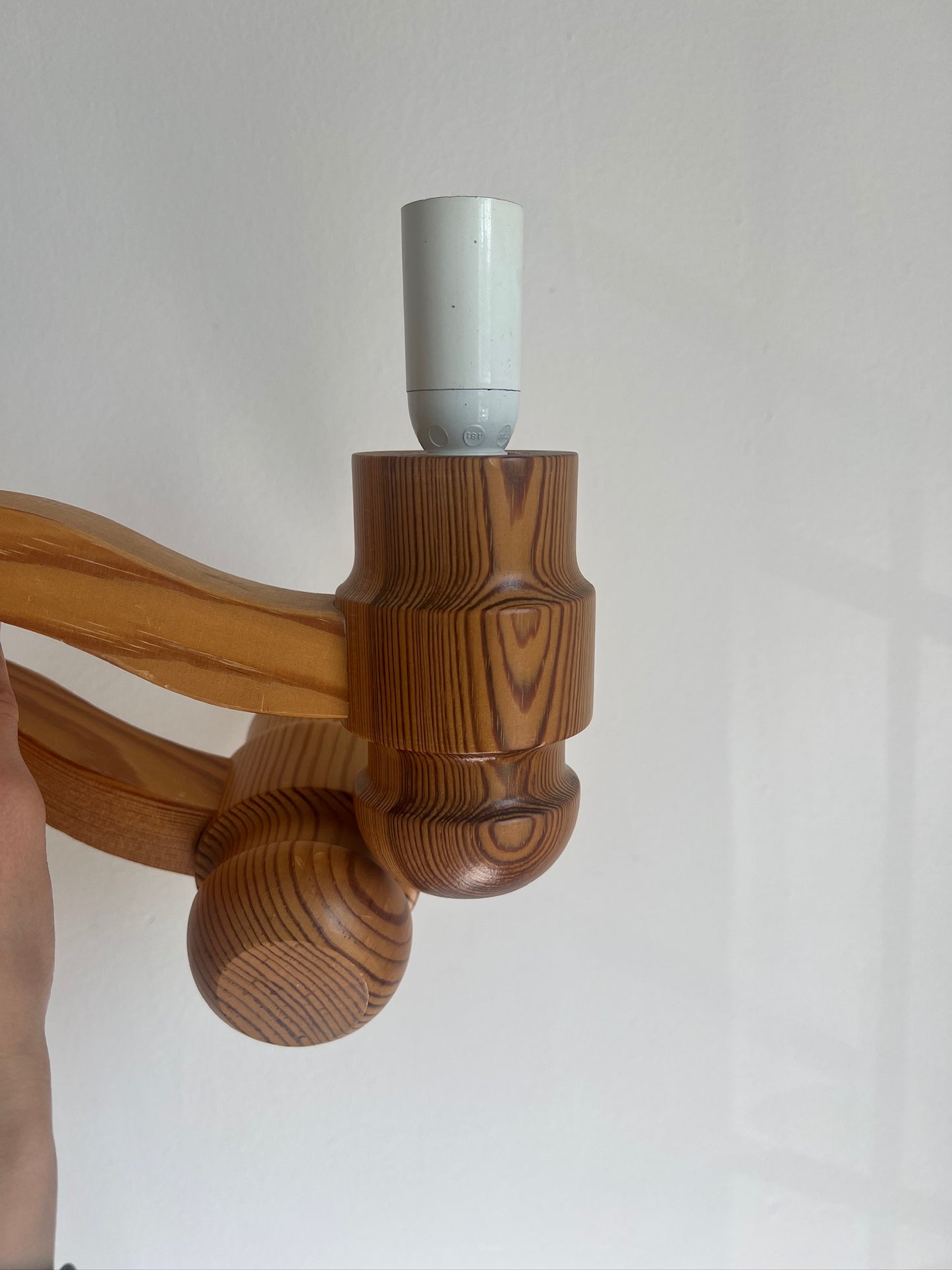 Pair of 70s Swedish pine wall lights with linen shades