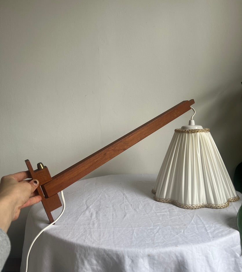 Mid Century teak long wall light with cream scallop shade
