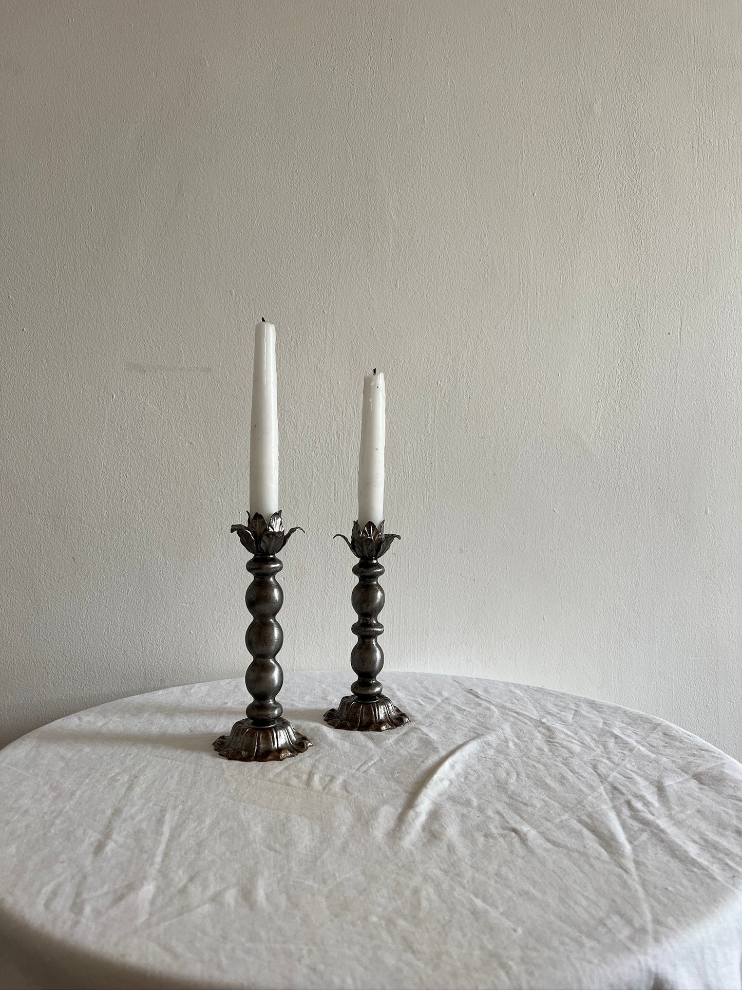 PAIR OF CHROME FLOWER BOBBIN CANDLE HOLDERS