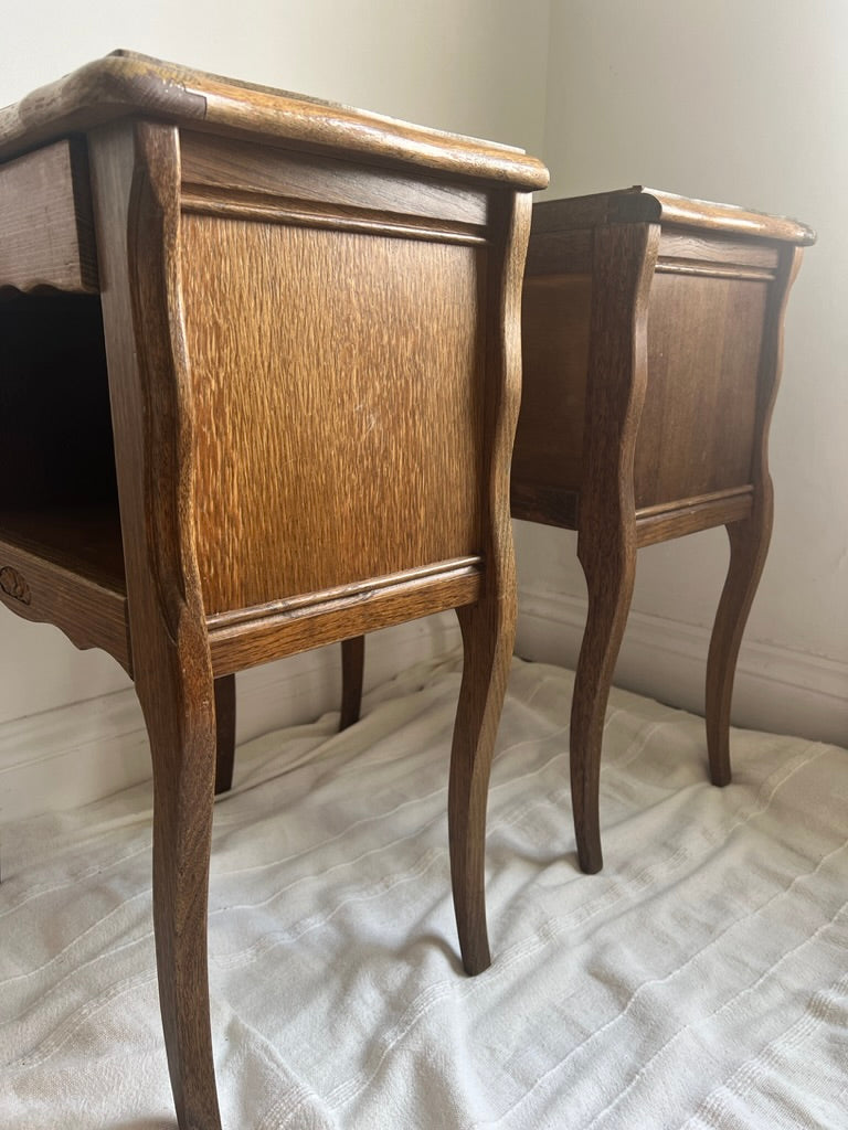 Pair of French matching oak bedside tables with drawers
