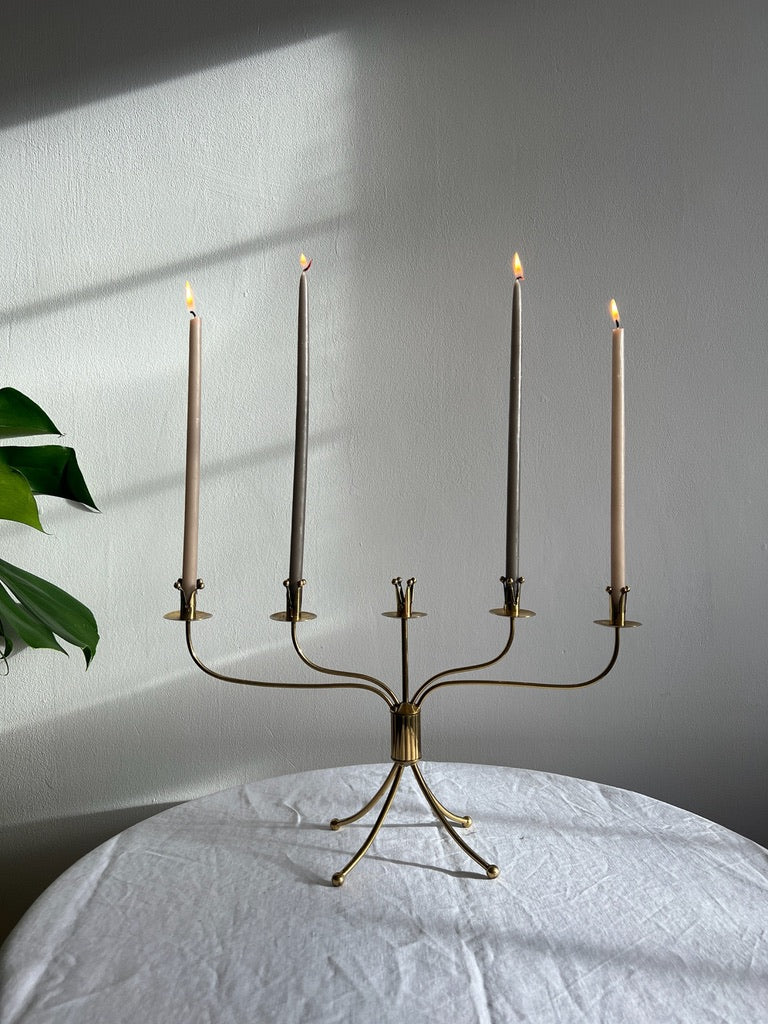 Swedish brass five arm candelabra on ball feet