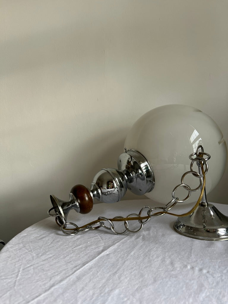 Large Danish ceiling pendant with silver and teak detail