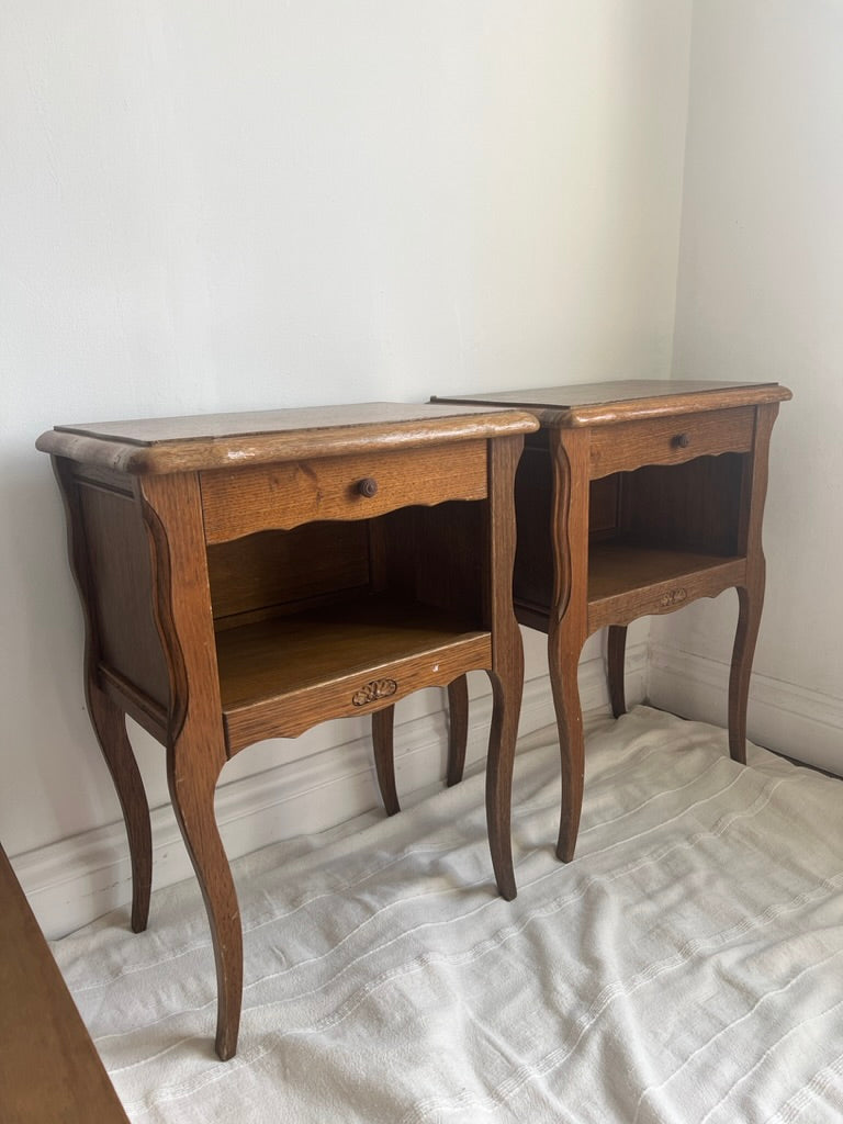 Pair of French matching oak bedside tables with drawers