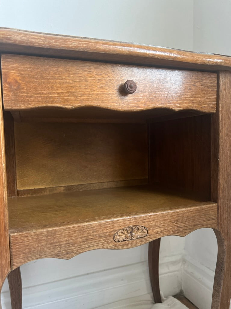 Pair of French matching oak bedside tables with drawers