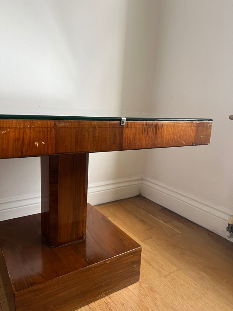 Square veneered Art Deco mirror topped table