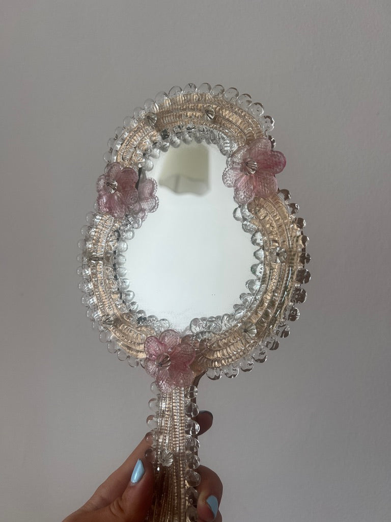 60s pink venetian murano handheld mirror