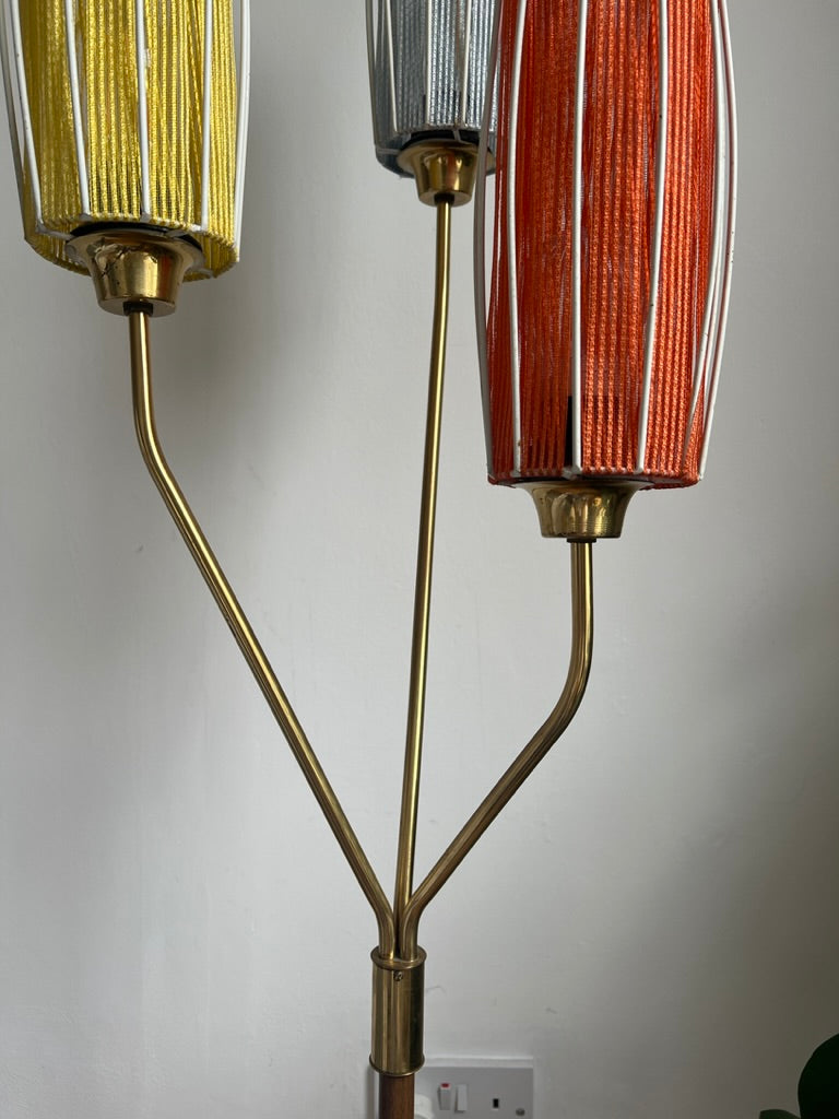 Swedish three arm brass floor lamp with coloured shades
