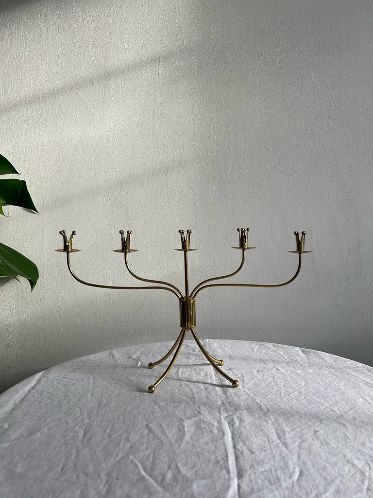 Swedish brass five arm candelabra on ball feet