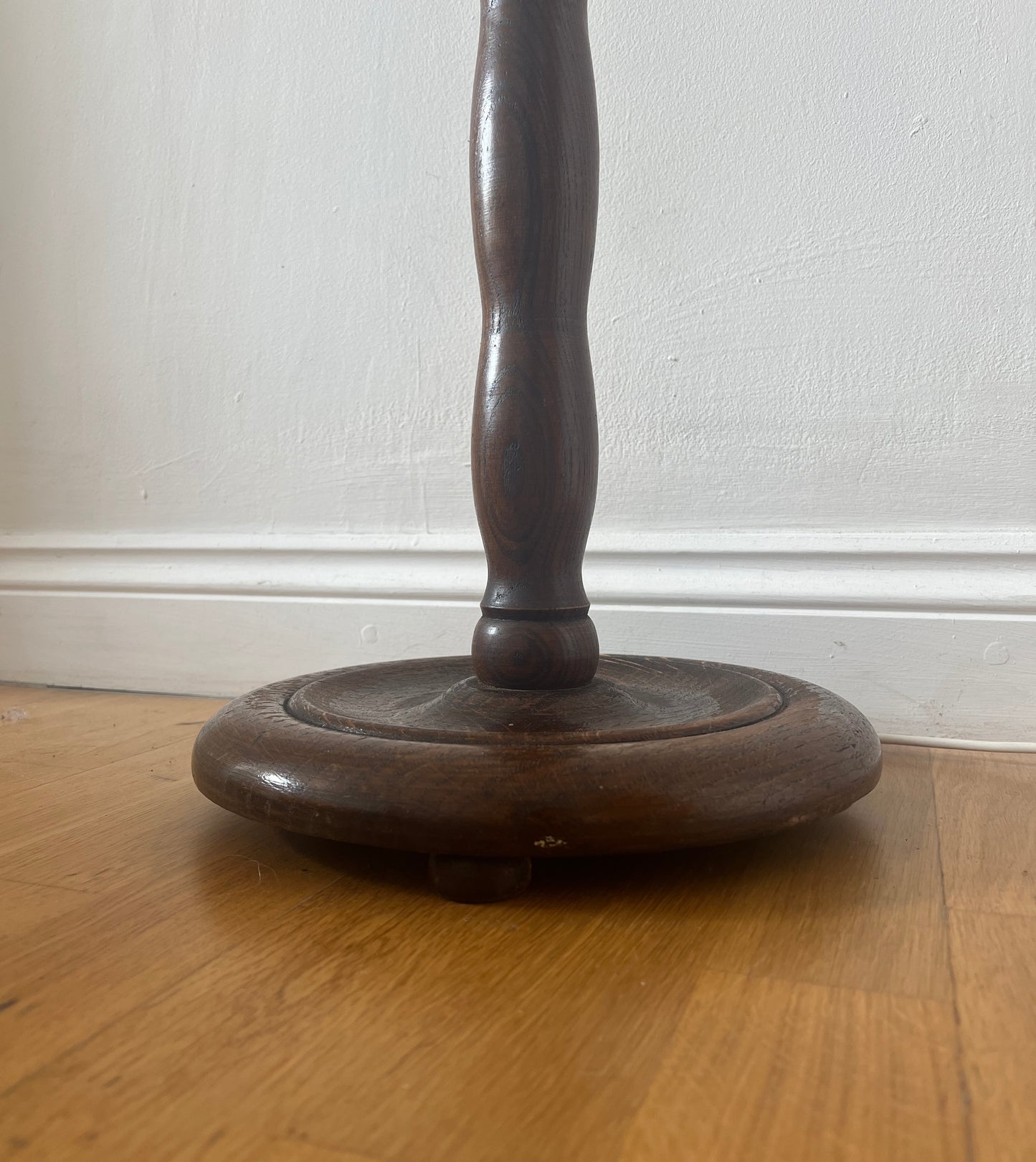 Vintage tall wooden bobbin floor lamp with pleated shade