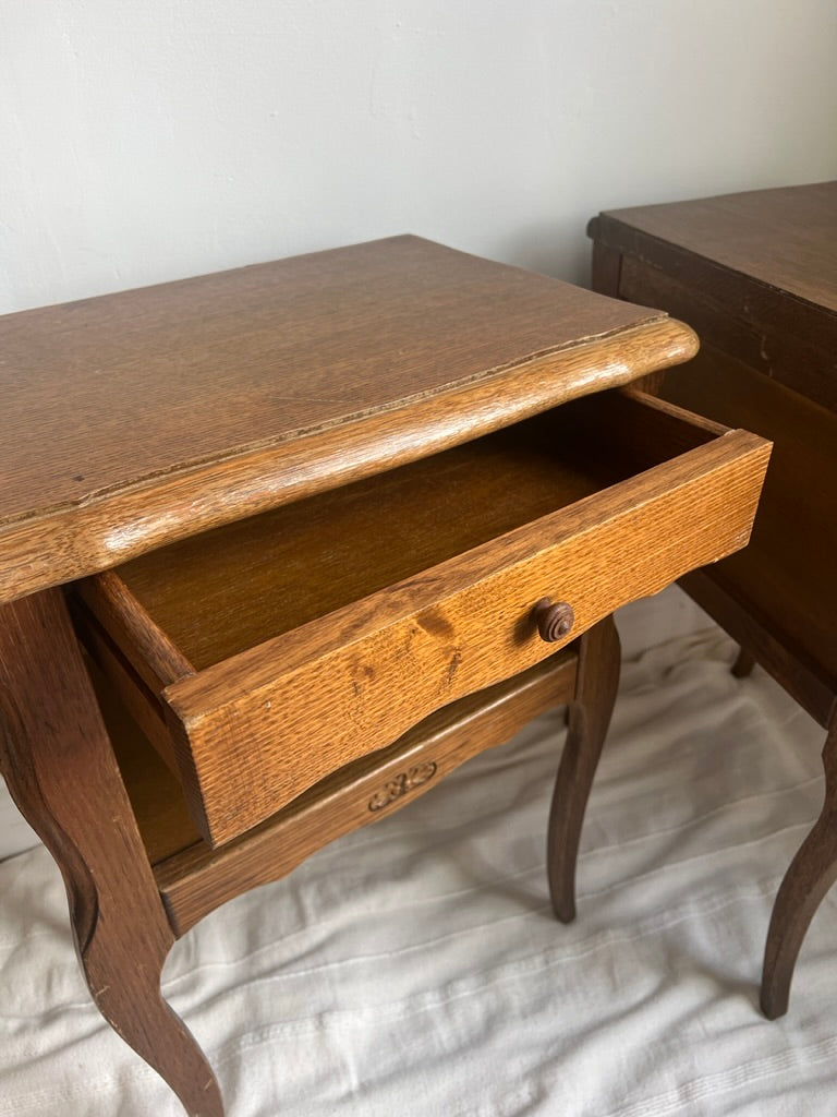 Pair of French matching oak bedside tables with drawers