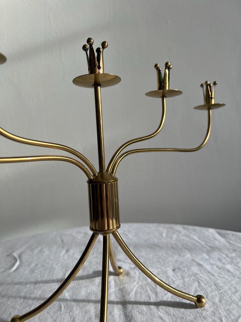 Swedish brass five arm candelabra on ball feet