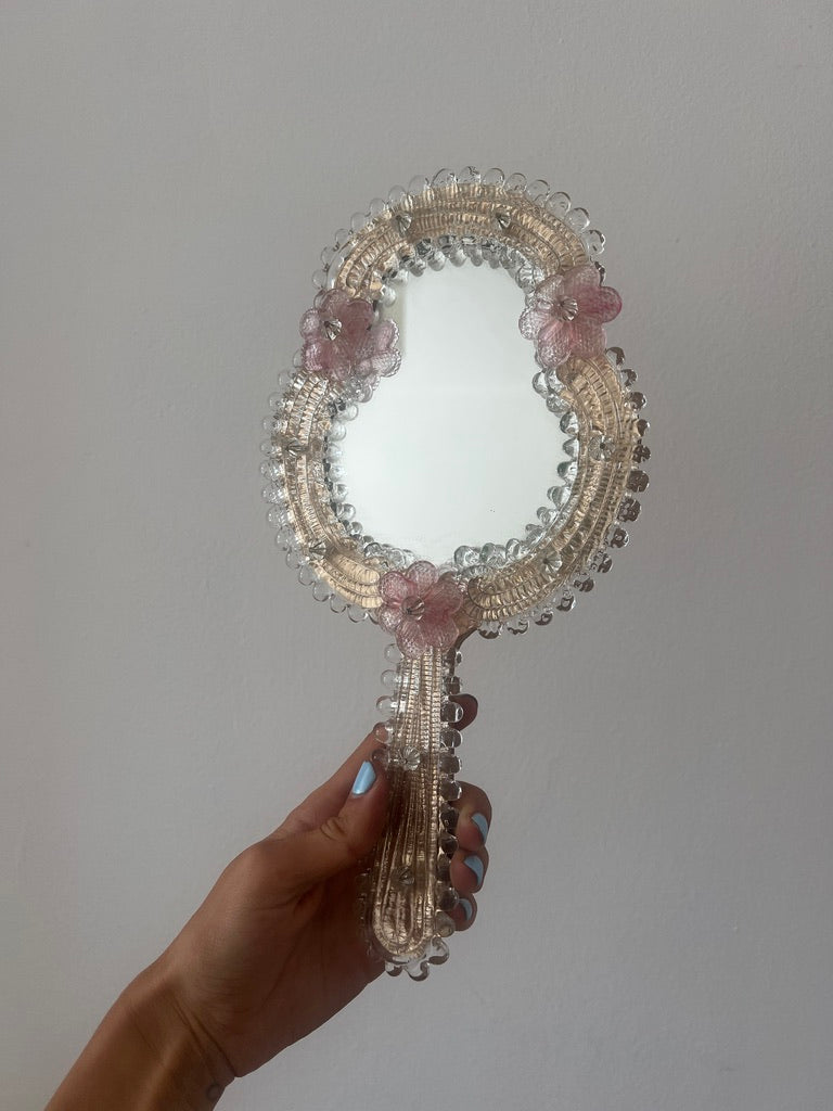 60s pink venetian murano handheld mirror