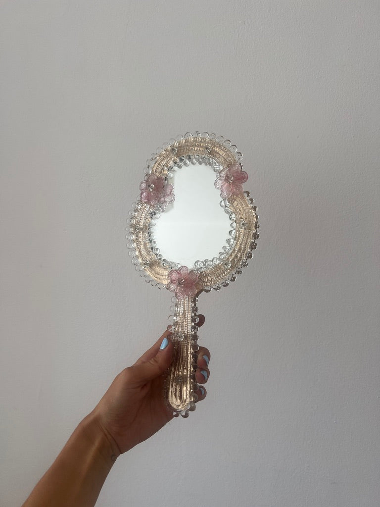 60s pink venetian murano handheld mirror