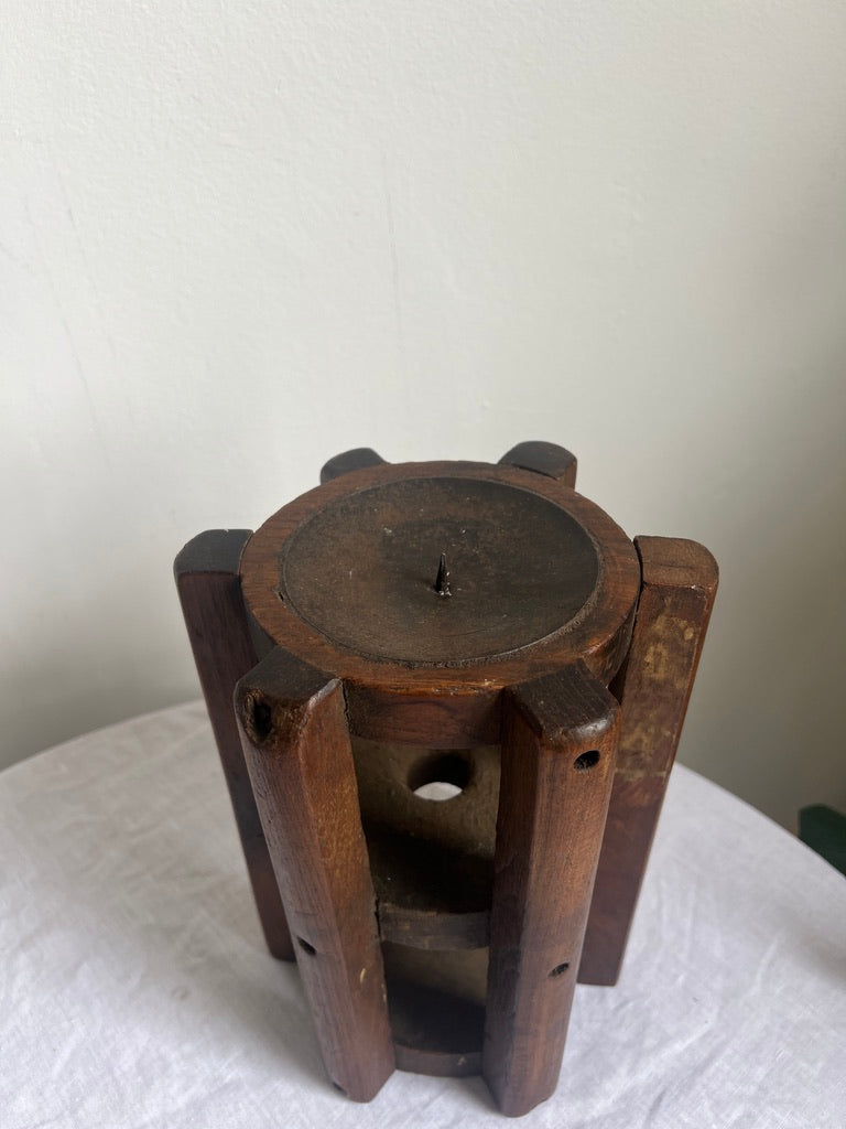 Tall brutalist wooden pillar candle holder