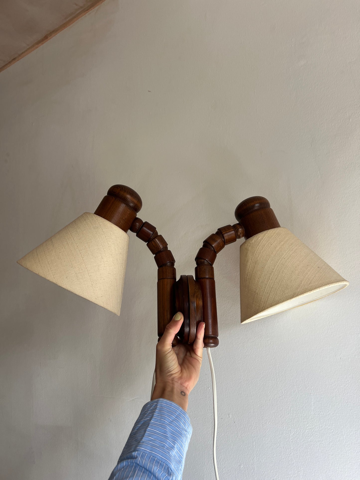 PAIR OF 70S DARK WOOD SWEDISH WALL LIGHTS