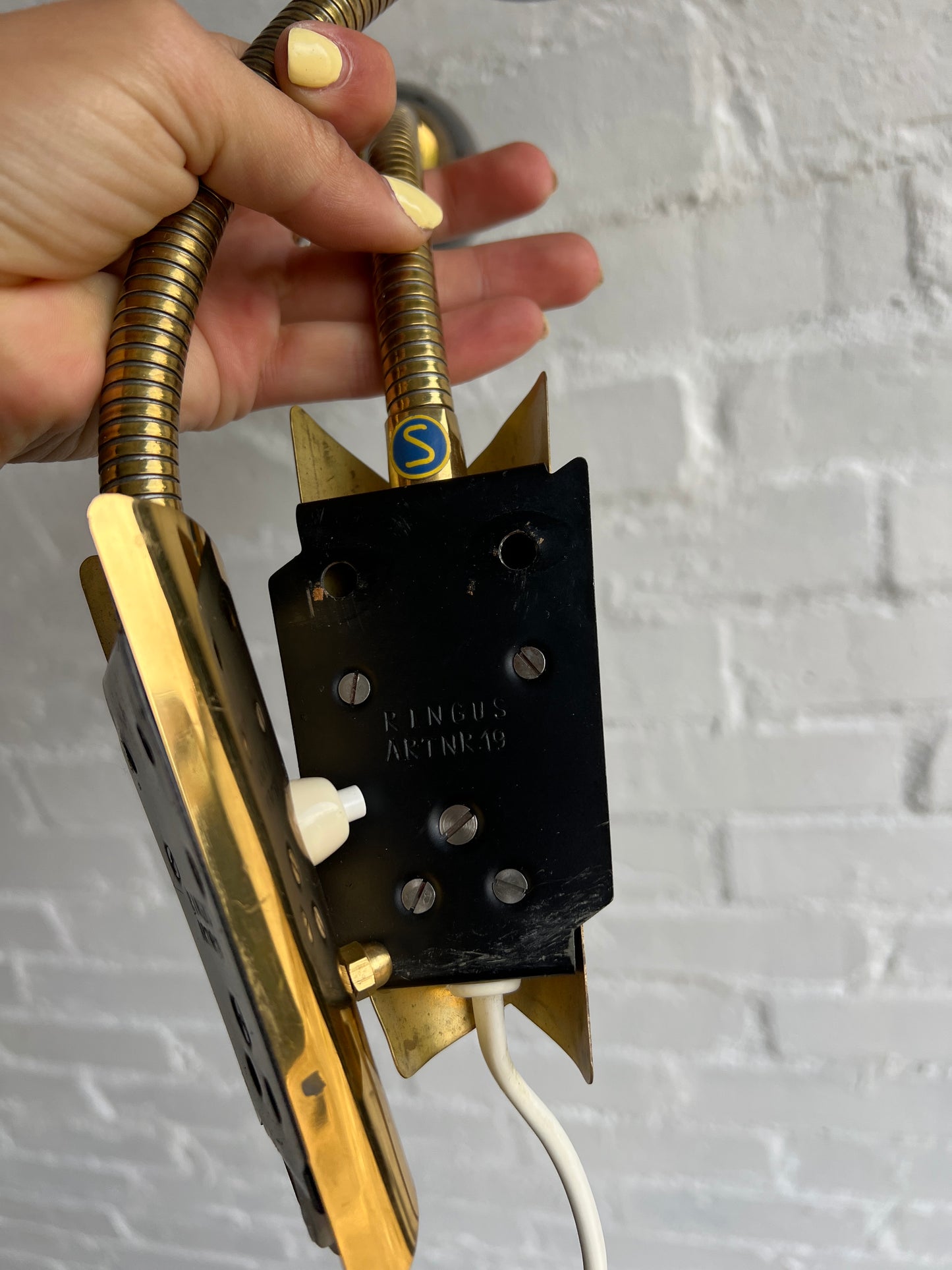 PAIR OF BLACK & BRASS SWEDISH WALL LIGHTS