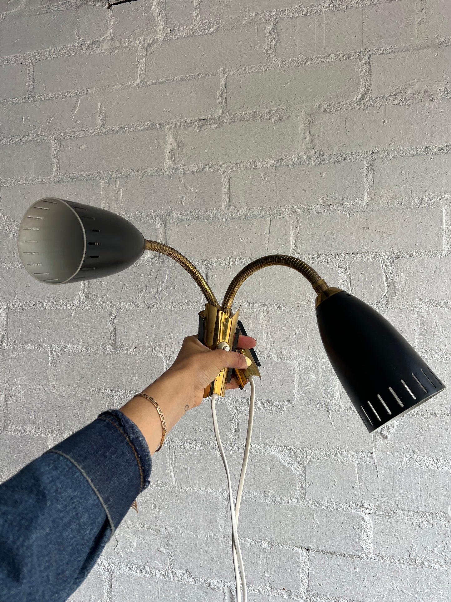 PAIR OF BLACK & BRASS SWEDISH WALL LIGHTS