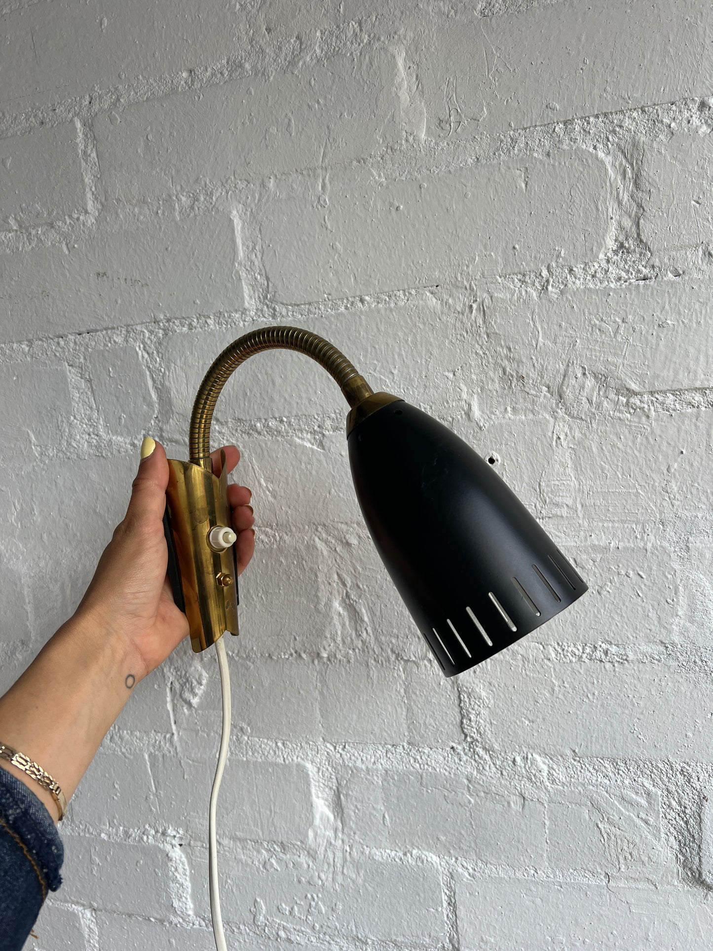 PAIR OF BLACK & BRASS SWEDISH WALL LIGHTS
