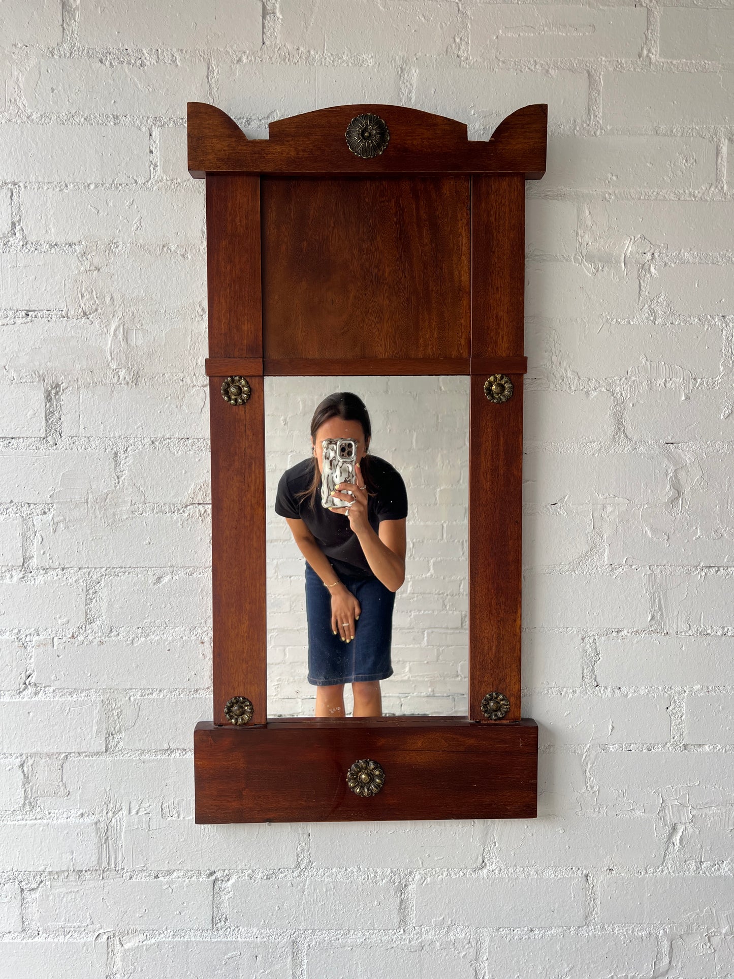 SWEDISH BRASS FLOWER WOOD MIRROR