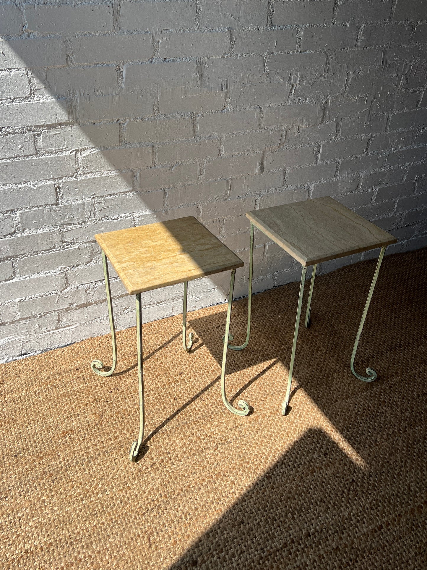 PAIR OF FRENCH SIDE TABLES WITH STONE TOPS