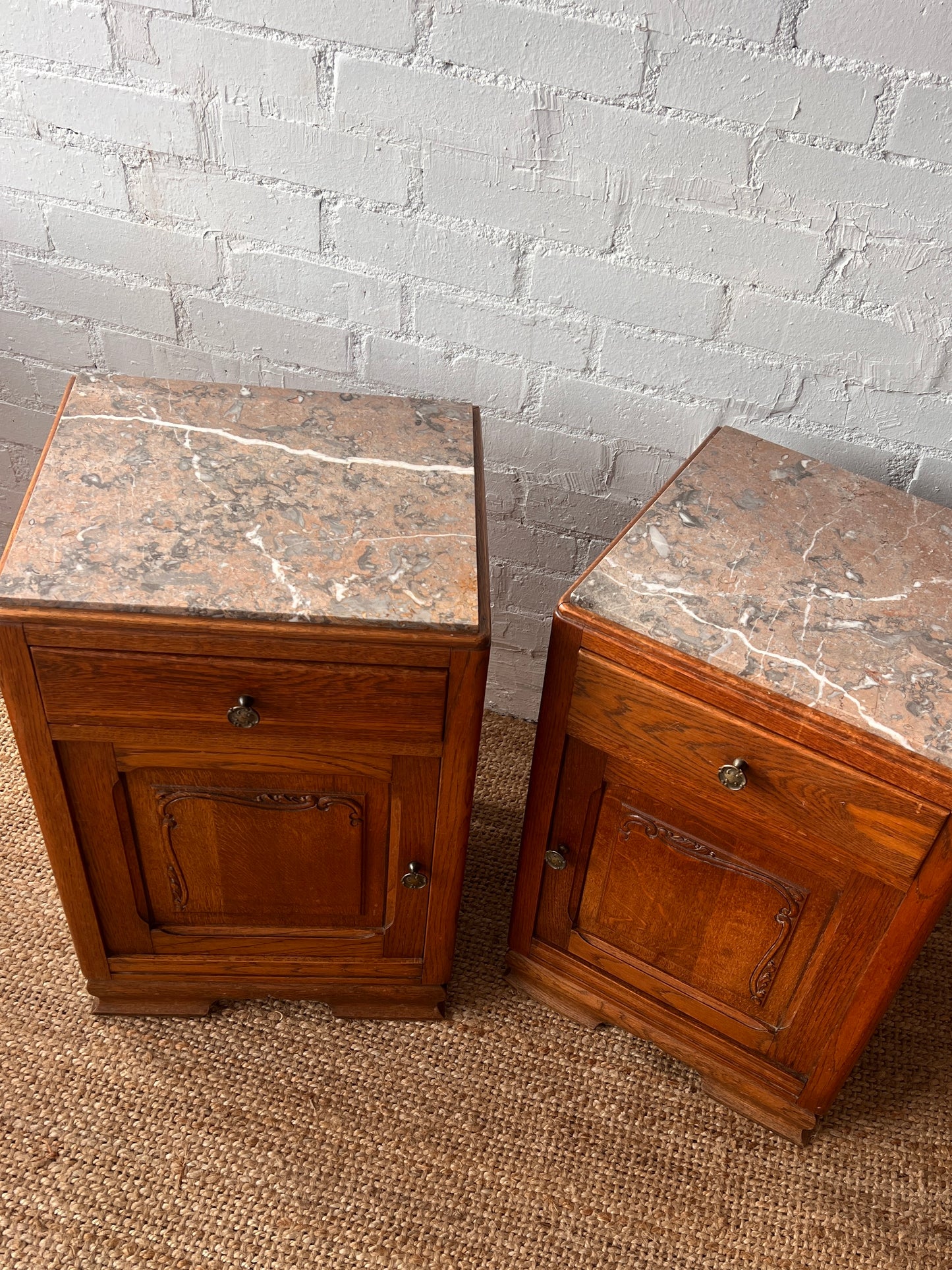 PAIR OF MARBLE TOP BEDSIDE TABLES