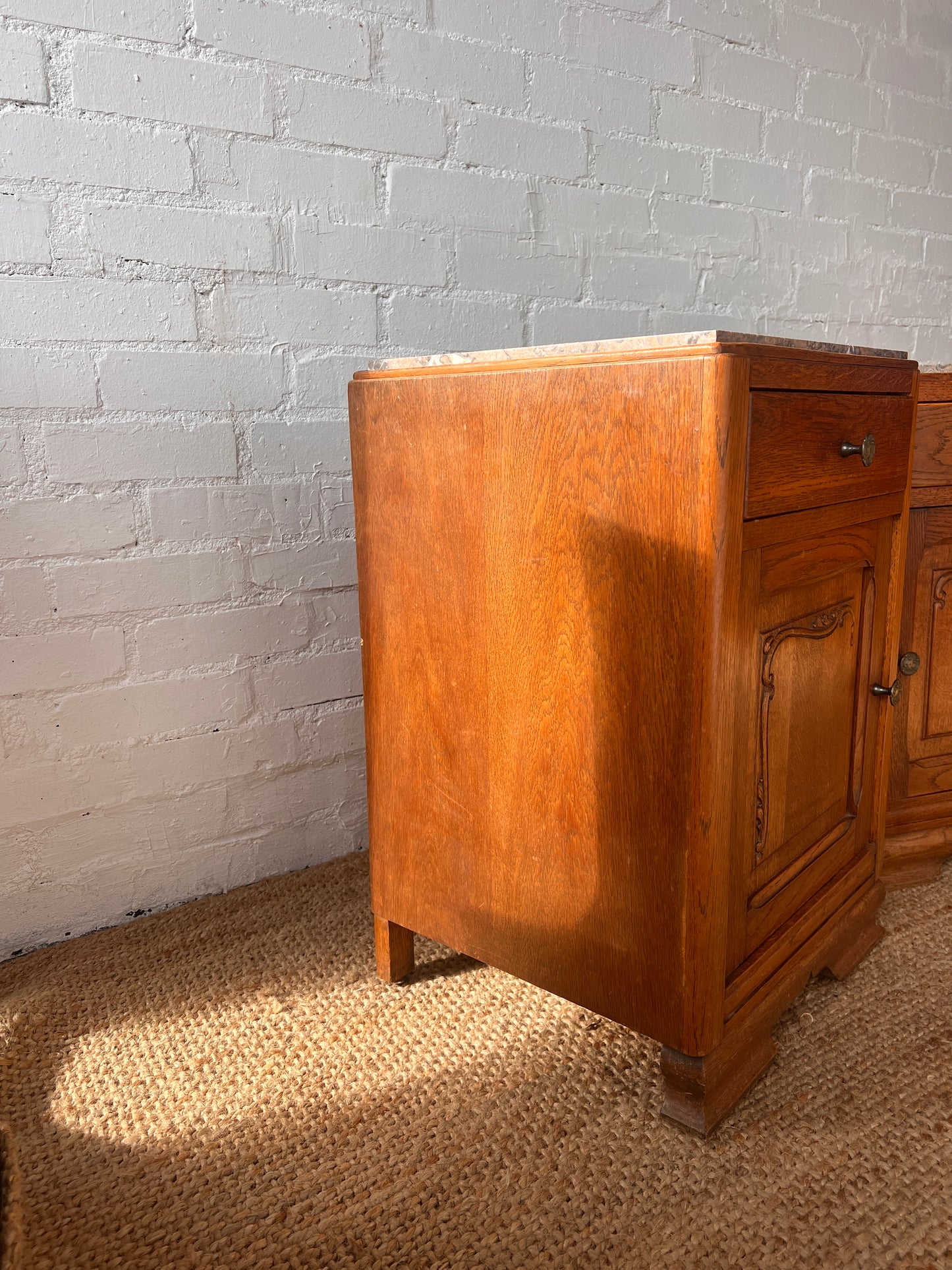 PAIR OF MARBLE TOP BEDSIDE TABLES