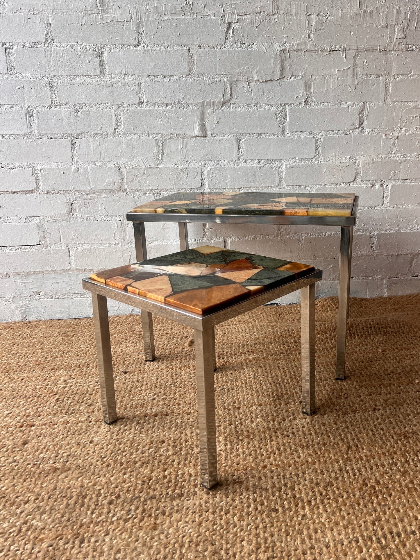60S PAIR OF CHROME STONE TOPPED TABLES