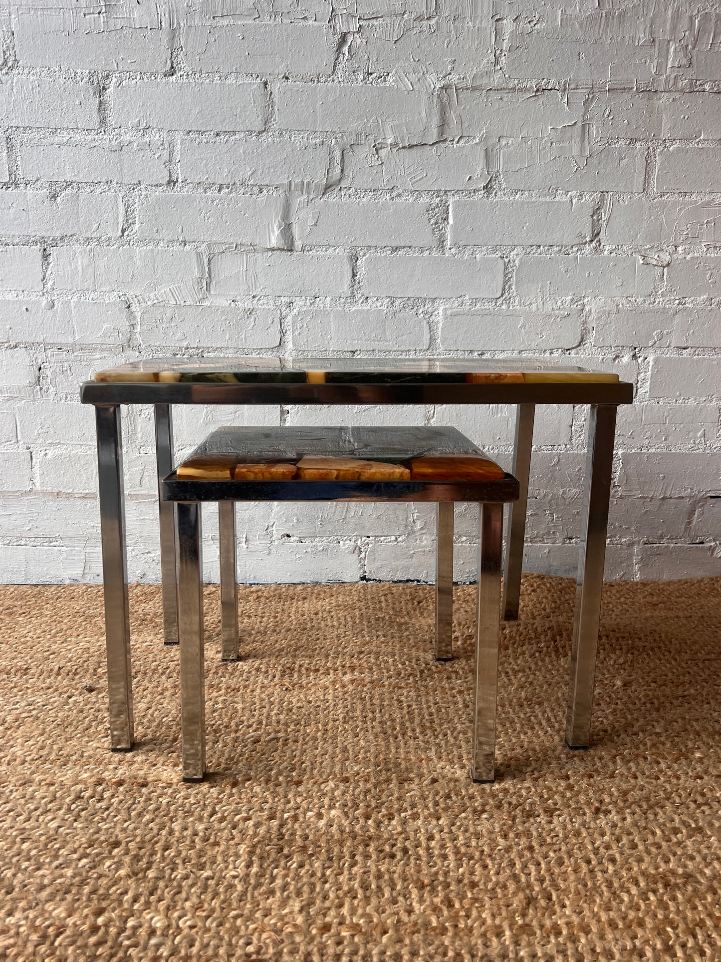 60S PAIR OF CHROME STONE TOPPED TABLES