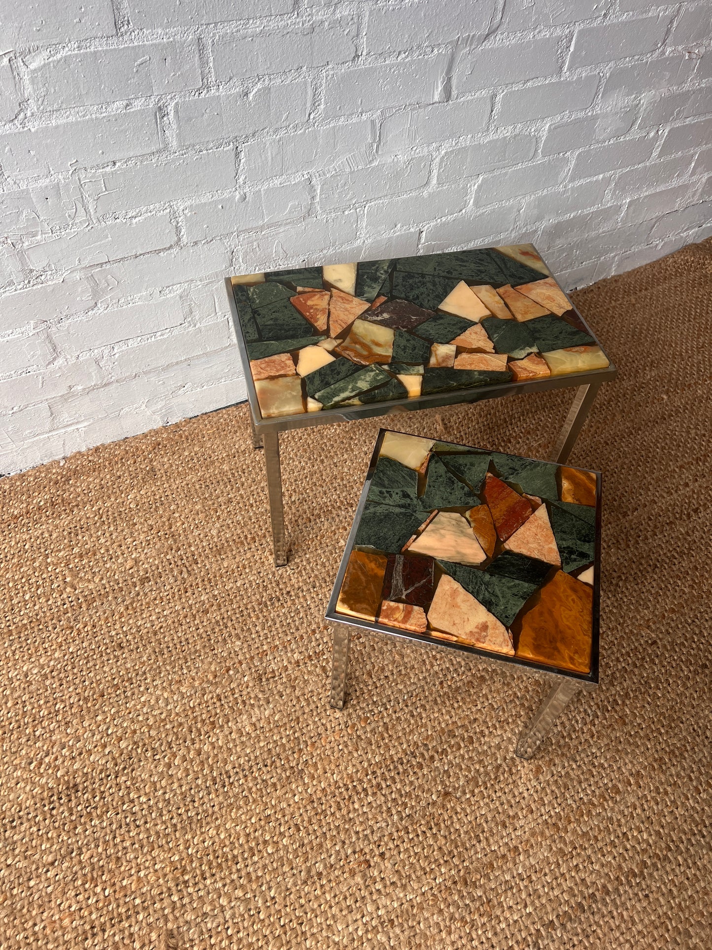 60S PAIR OF CHROME STONE TOPPED TABLES