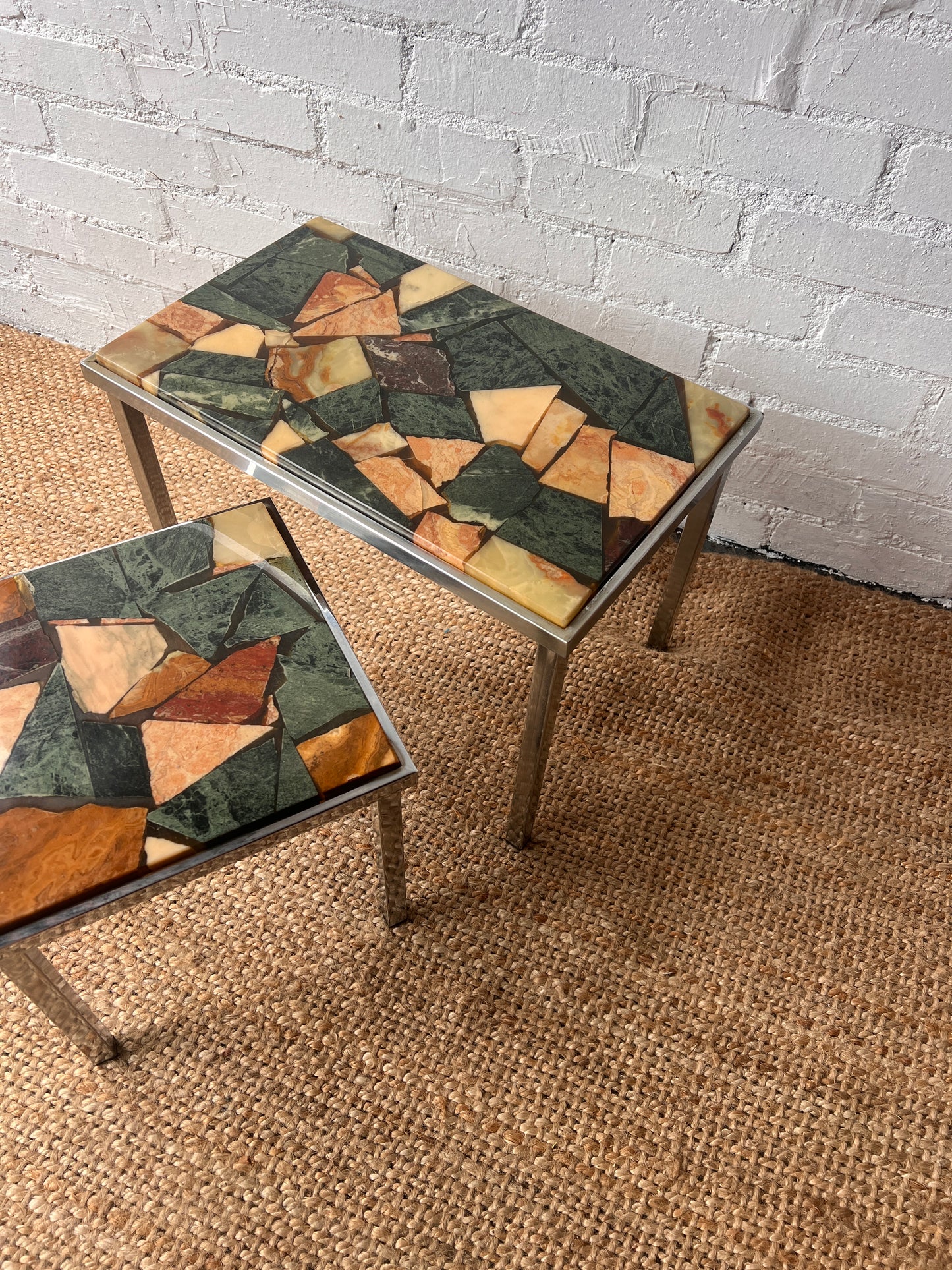 60S PAIR OF CHROME STONE TOPPED TABLES