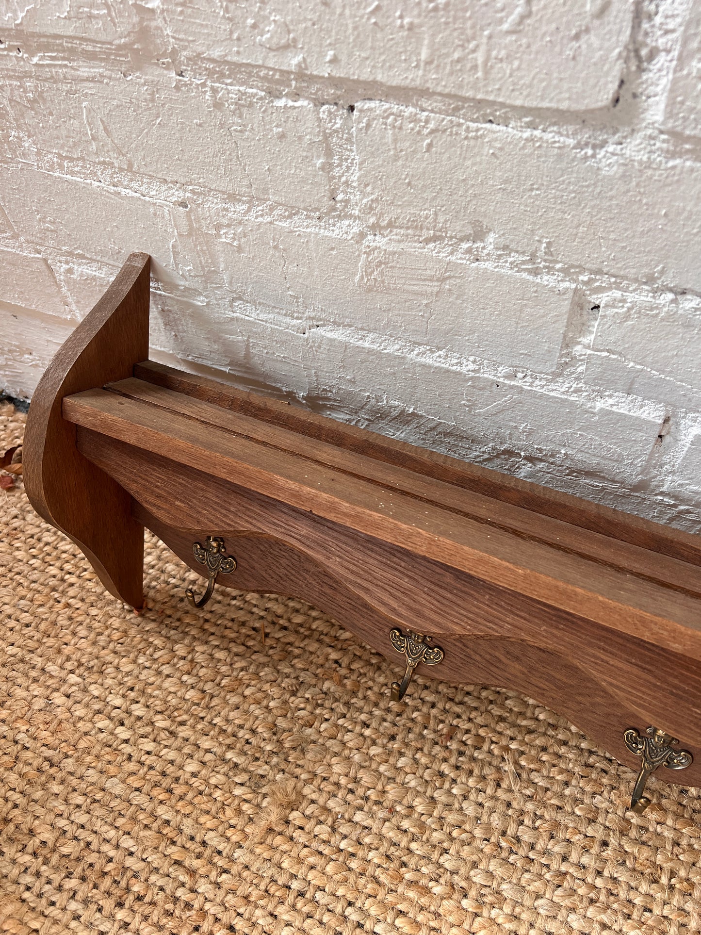 WOODEN WAVY SHELVES WITH BRASS HOOKS