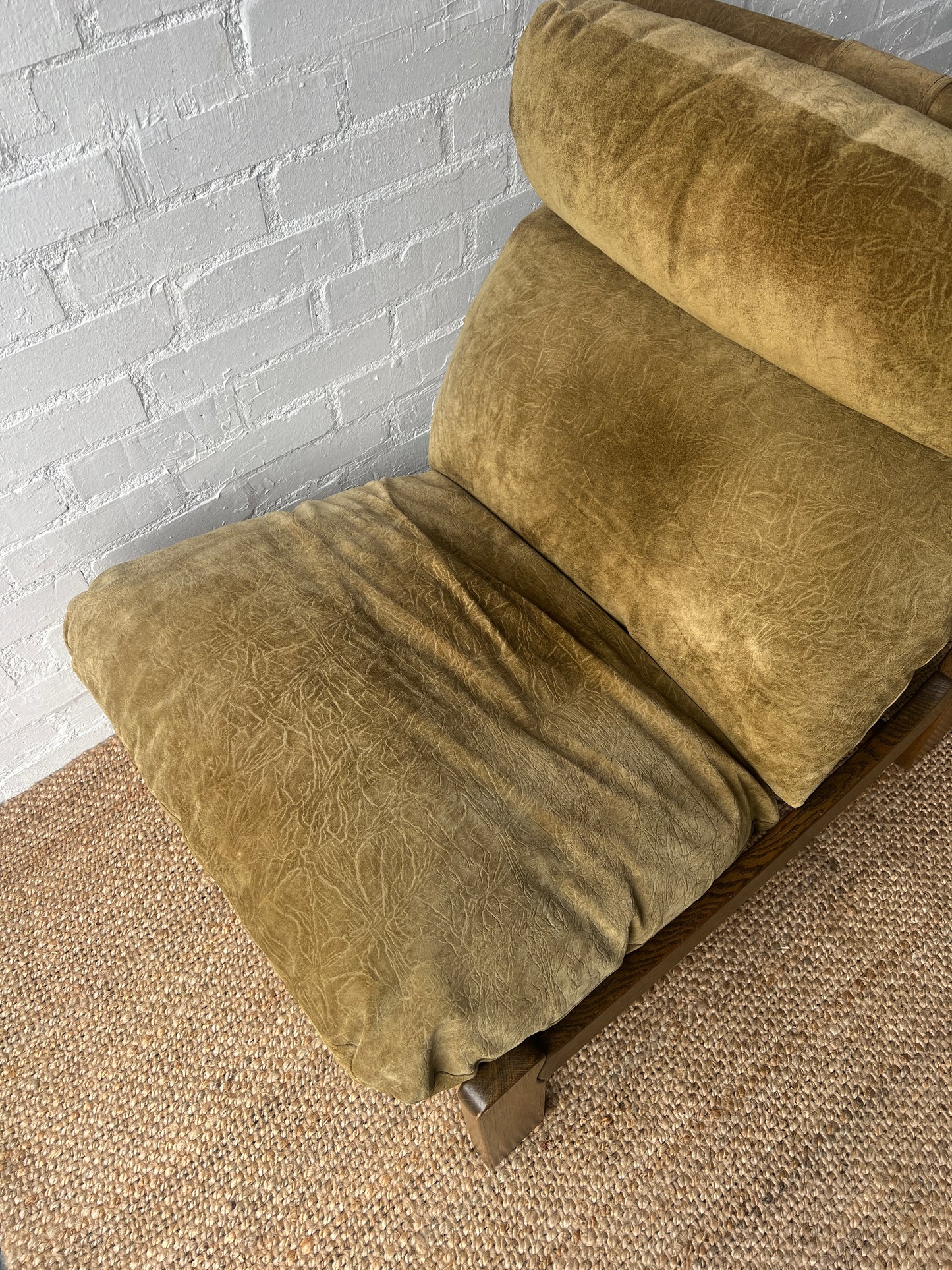 BRUTALIST OLIVE GREEN SUEDE LOUNGE CHAIRS