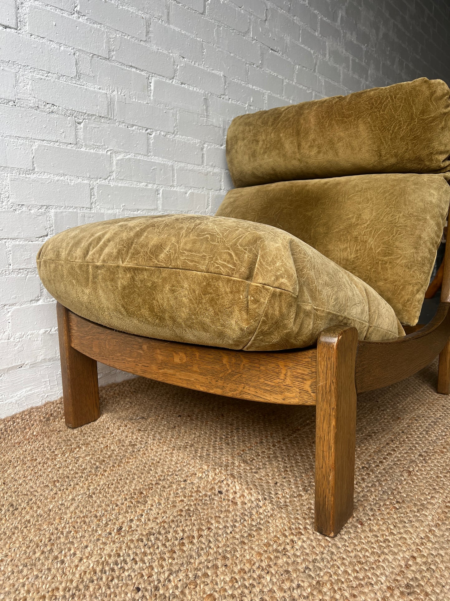 BRUTALIST OLIVE GREEN SUEDE LOUNGE CHAIRS