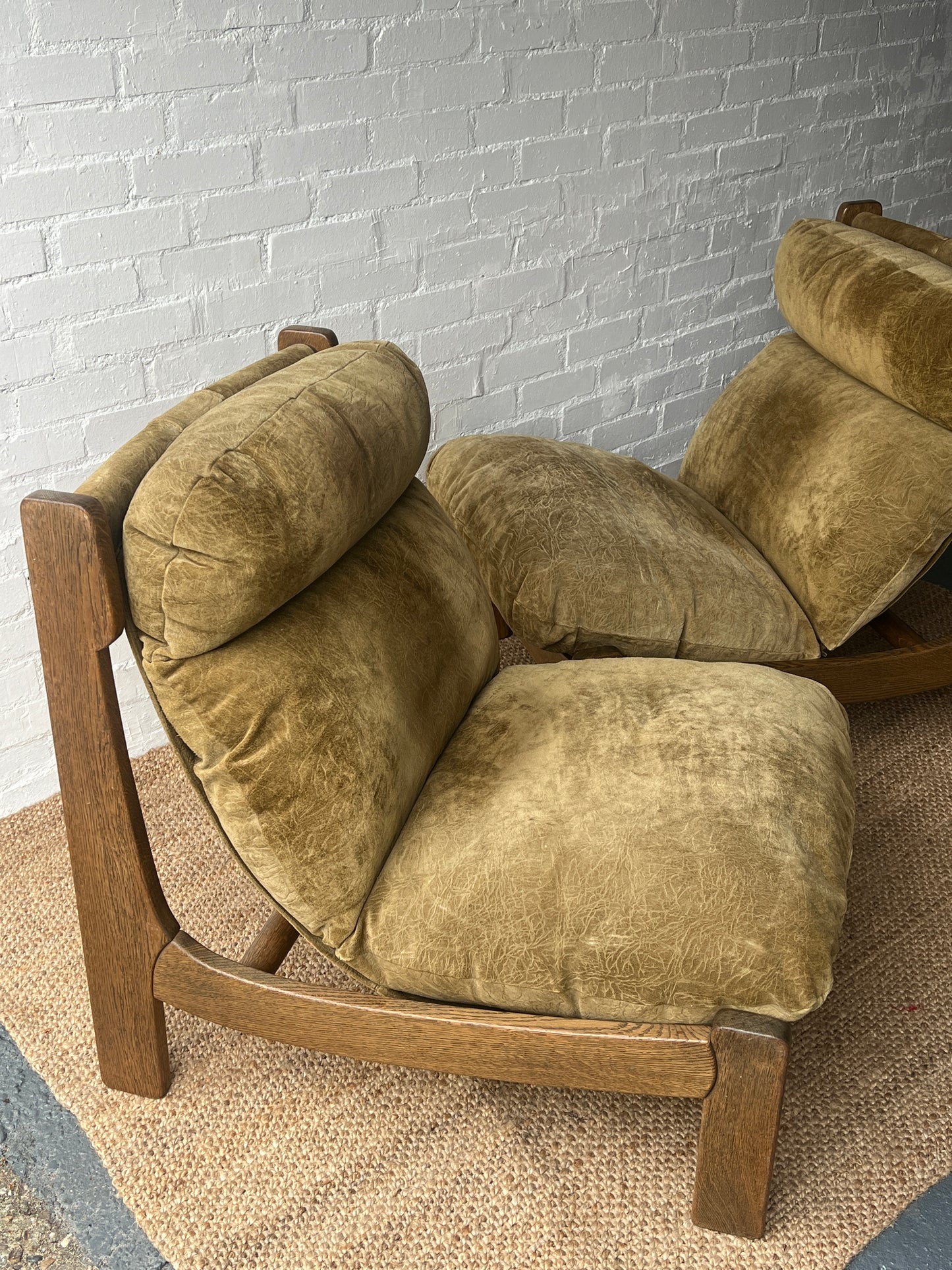 BRUTALIST OLIVE GREEN SUEDE LOUNGE CHAIRS