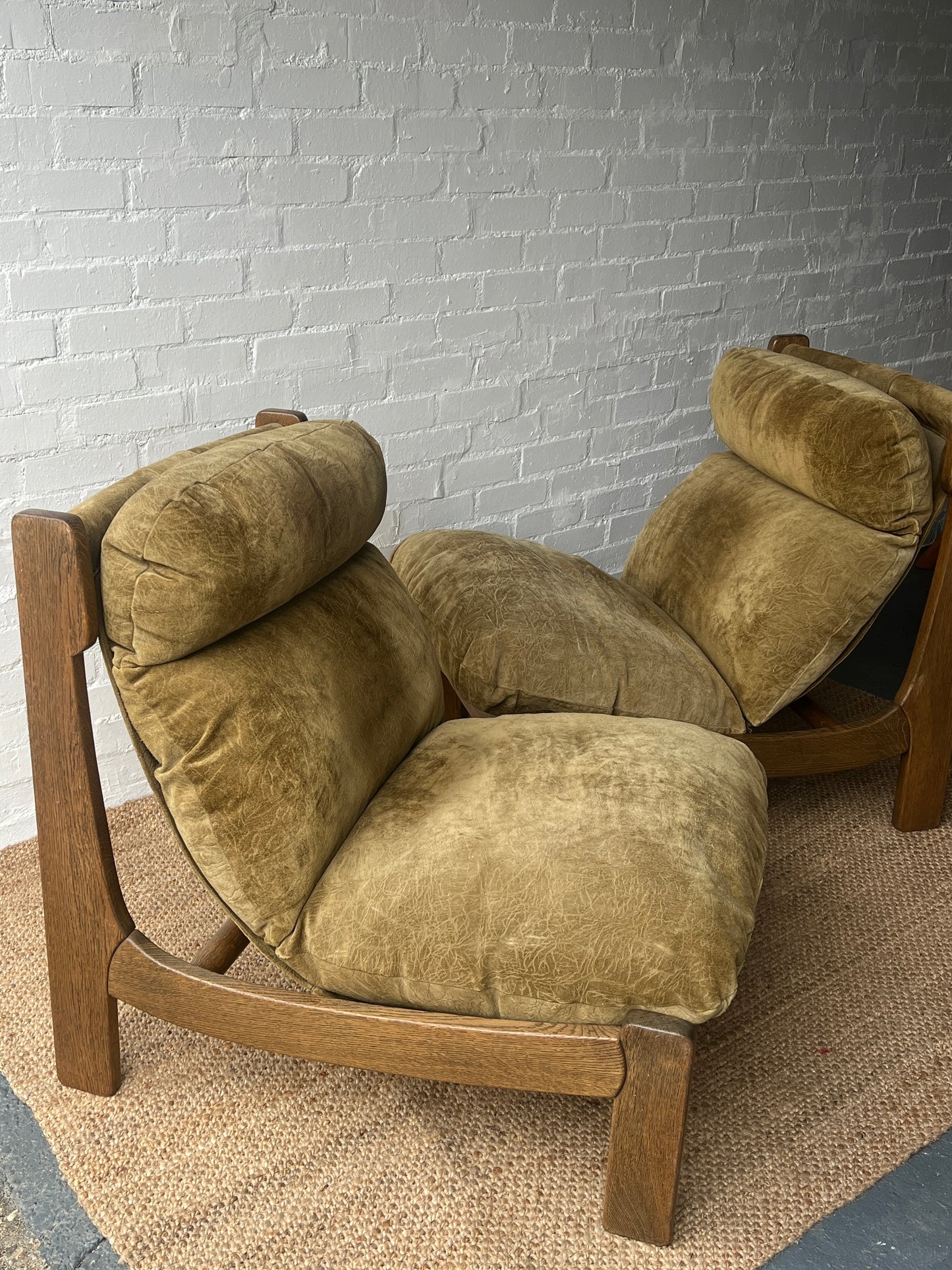 BRUTALIST OLIVE GREEN SUEDE LOUNGE CHAIRS