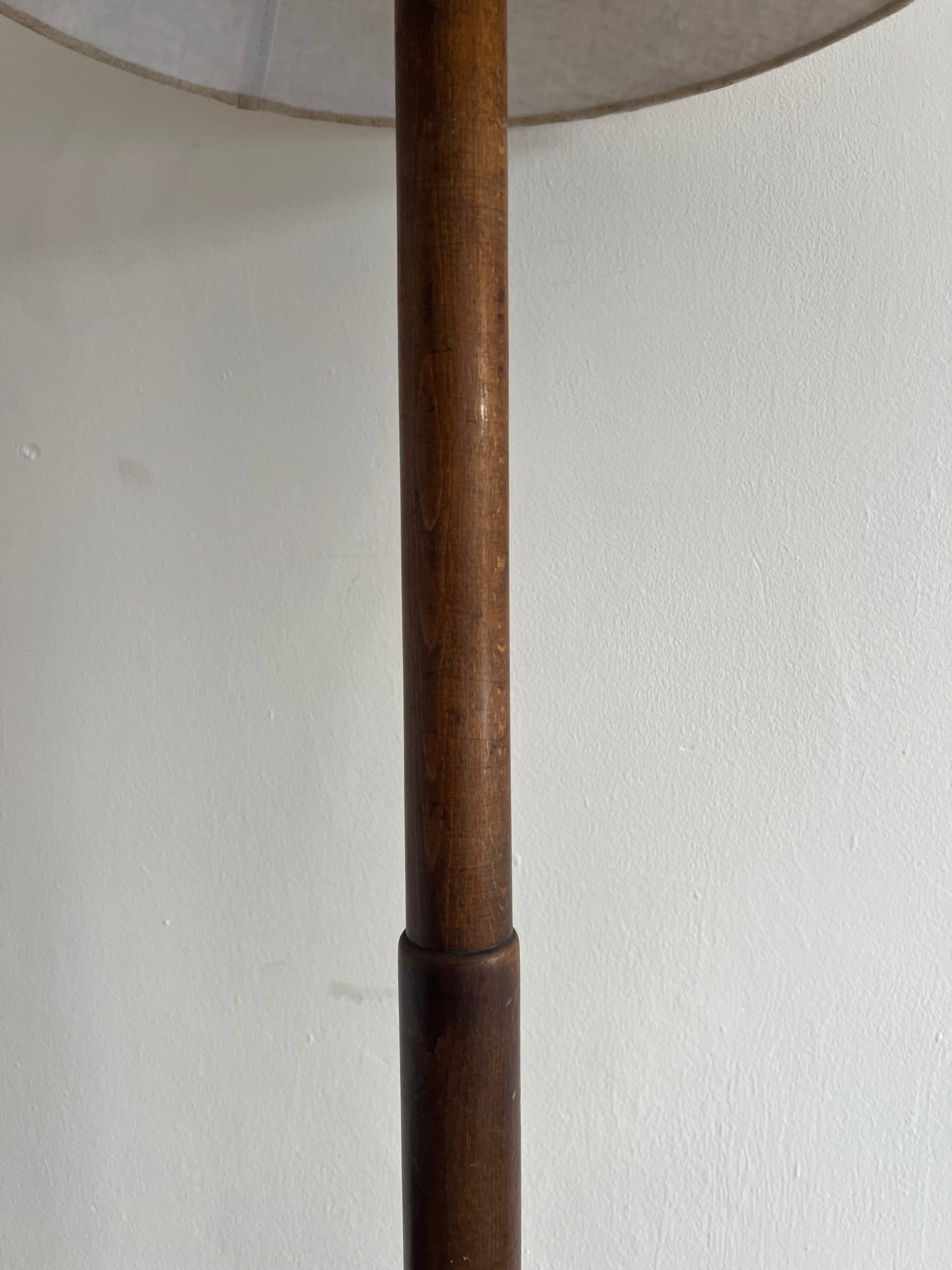 Tall Art Deco wooden floor lamp with linen shade