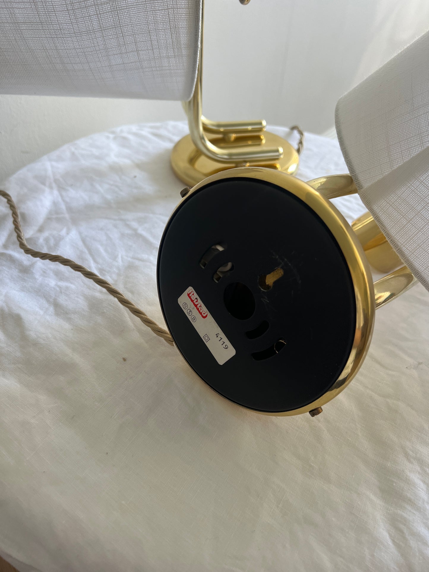 PAIR OF BRASS WALL LIGHTS WITH LINEN SHADES