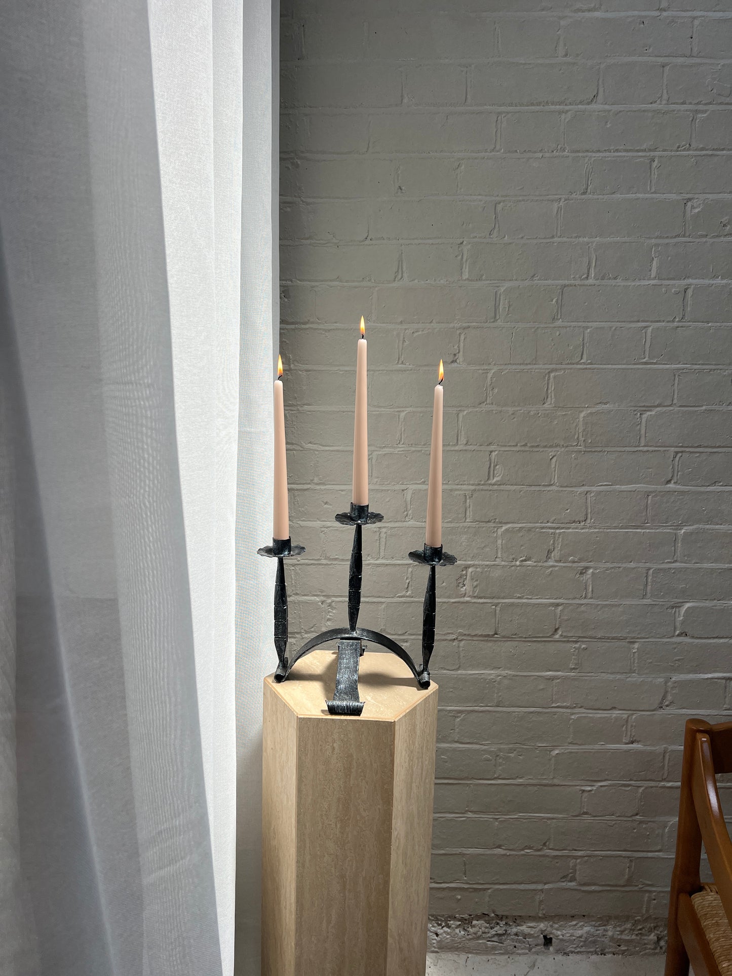 THREE ARM IRON CANDELABRA