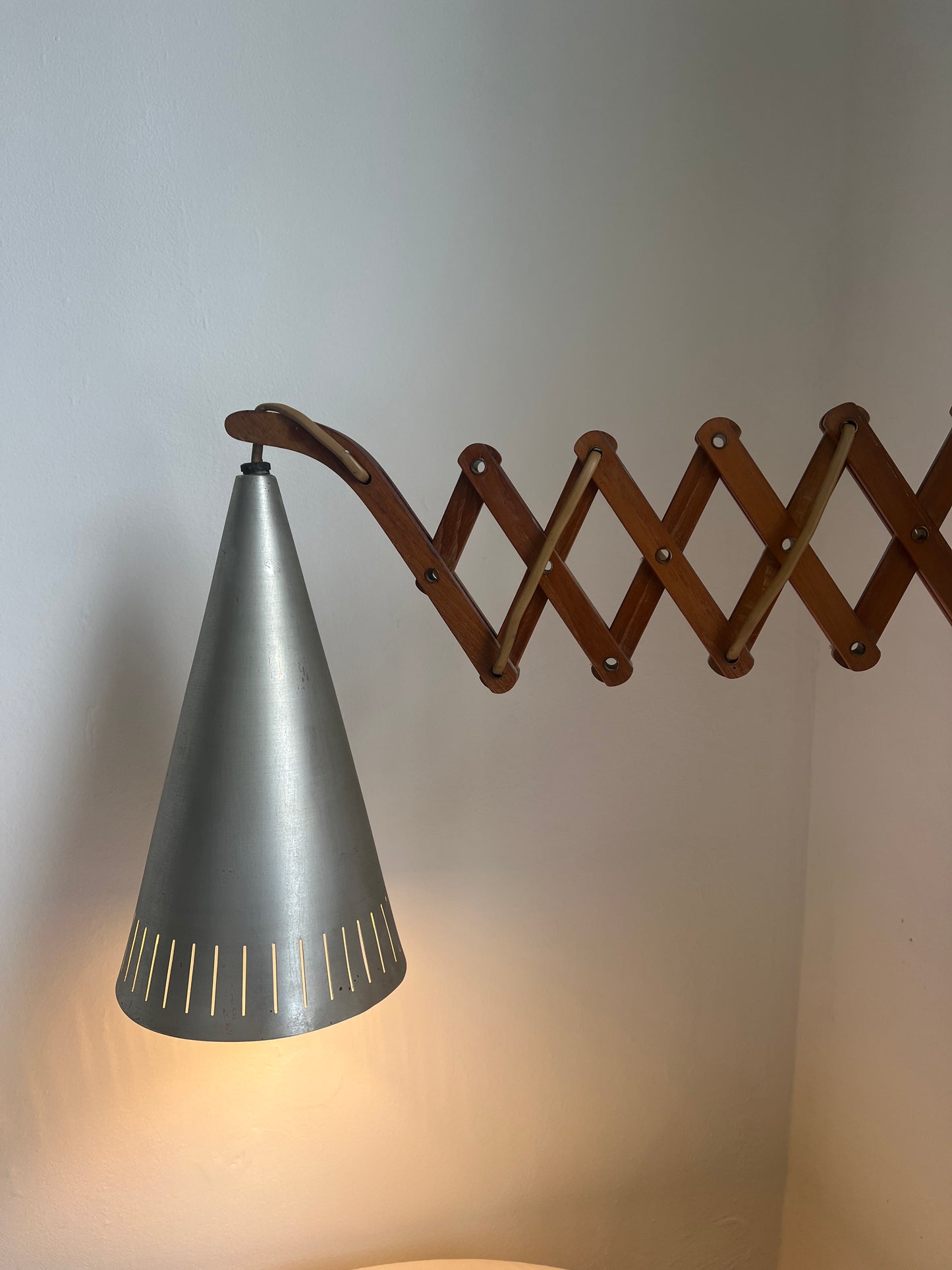 Mid Century teak scissor wall lamp with large chrome metal shade