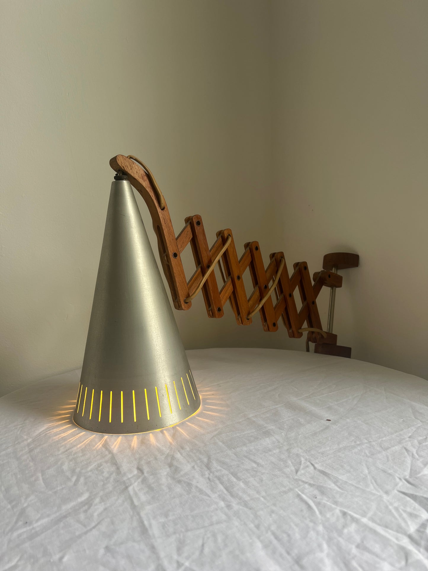 Mid Century teak scissor wall lamp with large chrome metal shade