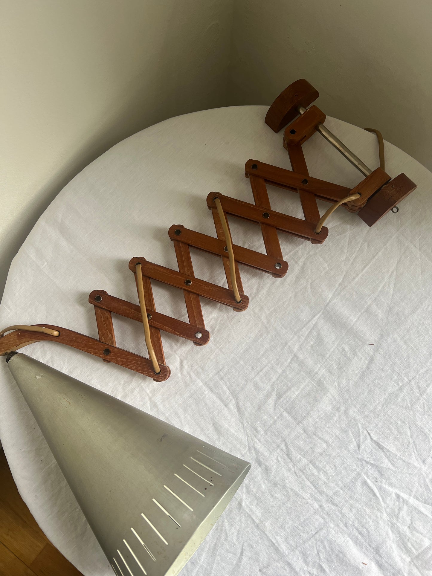 Mid Century teak scissor wall lamp with large chrome metal shade