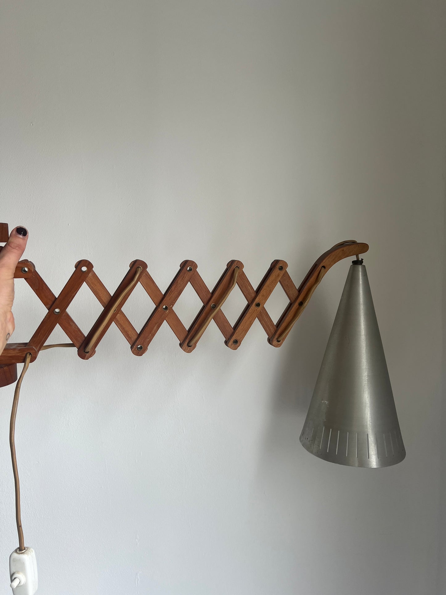 Mid Century teak scissor wall lamp with large chrome metal shade