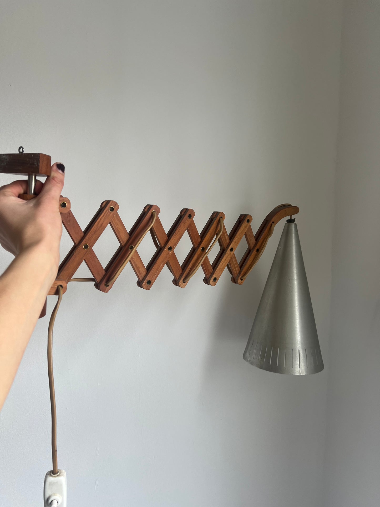Mid Century teak scissor wall lamp with large chrome metal shade