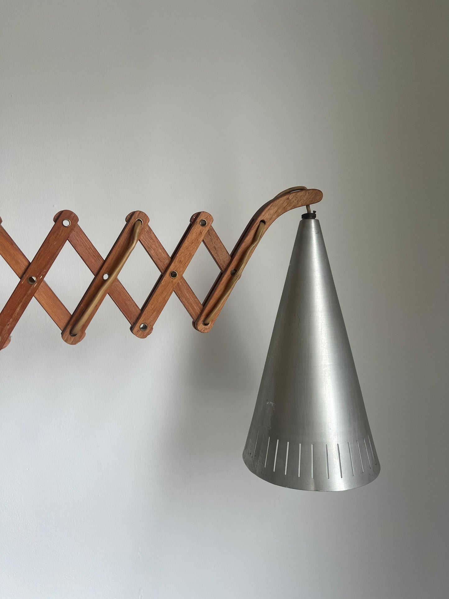Mid Century teak scissor wall lamp with large chrome metal shade